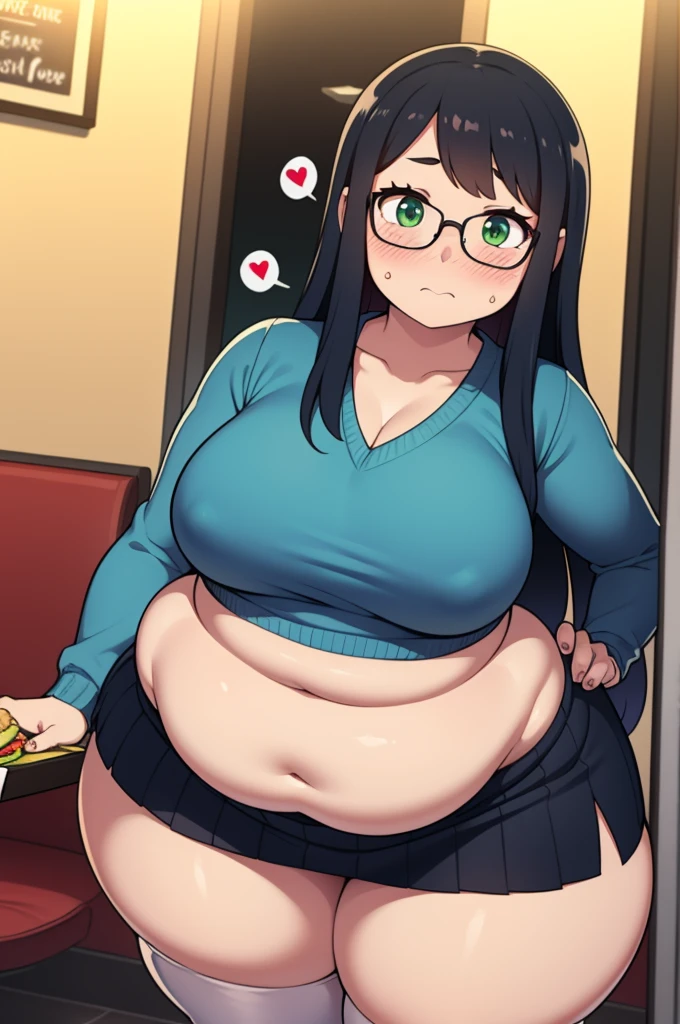 ((Masterpiece)), perfect anatomy, perfect shading, field of depth, (best quality), extremely delicate and beautiful, perfect lighting, detailed face, ultra cute face, cute, ((1girl)), ((solo))
long fluffy black hair, glasses, green eyes, ((blush)), nervous, spoken heart, looking at viewer, sweater, short skirt, large breasts, ((thick thighs)), (wide hips), ((plump)),
intricate background, detailed background, fast food restaurant,