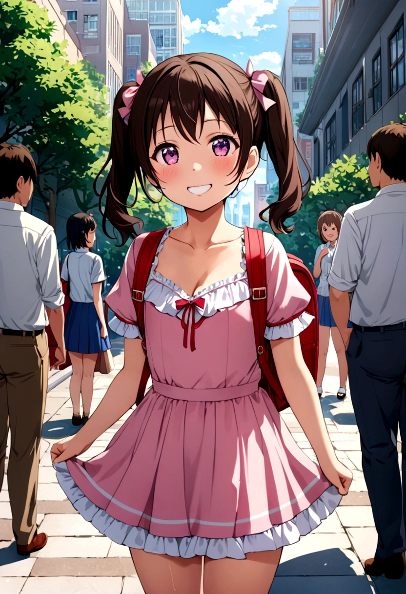 masterpiece, Highest quality, Nico_Yazawa,High resolution, 1 Girl, alone, Brown Hair, short hair, Twin tails、Purple eyes, Cowboy Shot, Frill dress, , Pink Dress, (Cleavage)、(Beautiful thighs)、city, Outdoor, garden, Carrying a red backpack, (randoseru backpack:1.2) Sweaty、Thick thighs、Highest quality、4K、1girl, 8years old, ****, cute, grin, 、Skirt lift striped underwear、In the city、Many passersby are surrounding the girl.、、Thick thighs、Ahegao、Men holding their penises and surrounding girls、Semen from the penis、Bukkake、Bukkake、（Bukkake）