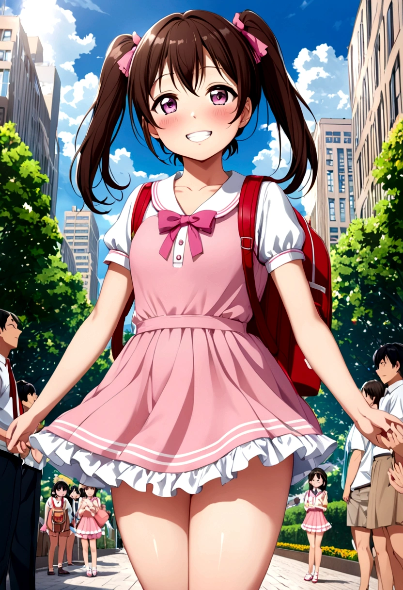 masterpiece, Highest quality, Nico_Yazawa,High resolution, 1 Girl, alone, Brown Hair, short hair, Twin tails、Purple eyes, Cowboy Shot, Frill dress, , Pink Dress, (Cleavage)、(Beautiful thighs)、city, Outdoor, garden, Carrying a red backpack, (randoseru backpack:1.2) Sweaty、Thick thighs、Highest quality、4K、1girl, 8years old, ****, cute, grin, 、Skirt lift striped underwear、In the city、Many passersby are surrounding the girl.、、Thick thighs、Ahegao、Men holding their penises and surrounding girls、Semen from the penis、Bukkake、Bukkake、（Bukkake）