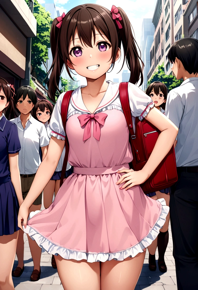 masterpiece, Highest quality, Nico_Yazawa,High resolution, 1 Girl, alone, Brown Hair, short hair, Twin tails、Purple eyes, Cowboy Shot, Frill dress, , Pink Dress, (Cleavage)、(Beautiful thighs)、city, Outdoor, garden, Carrying a red backpack, (randoseru backpack:1.2) Sweaty、Thick thighs、Highest quality、4K、1girl, 8years old, ****, cute, grin, 、Skirt lift striped underwear、In the city、Many passersby are surrounding the girl.、、Thick thighs、Ahegao、Men holding their penises and surrounding girls、Semen from the penis、Bukkake、Bukkake、（Bukkake）