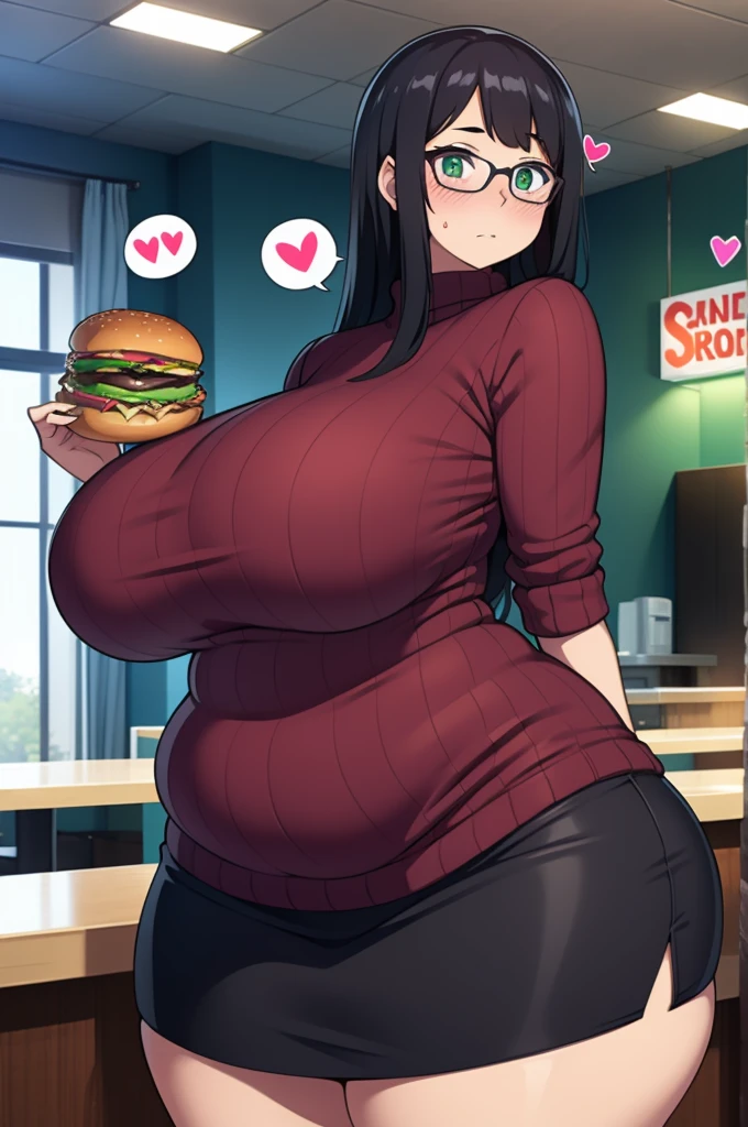 ((Masterpiece)), perfect anatomy, perfect shading, field of depth, (best quality), extremely delicate and beautiful, perfect lighting, detailed face, ultra cute face, cute, ((1girl)), ((solo))
long fluffy black hair, glasses, green eyes, ((blush)), nervous, spoken heart, looking at viewer, sweater, short skirt, large breasts, ((thick thighs)), (wide hips), ((plump)),
intricate background, detailed background, fast food restaurant,