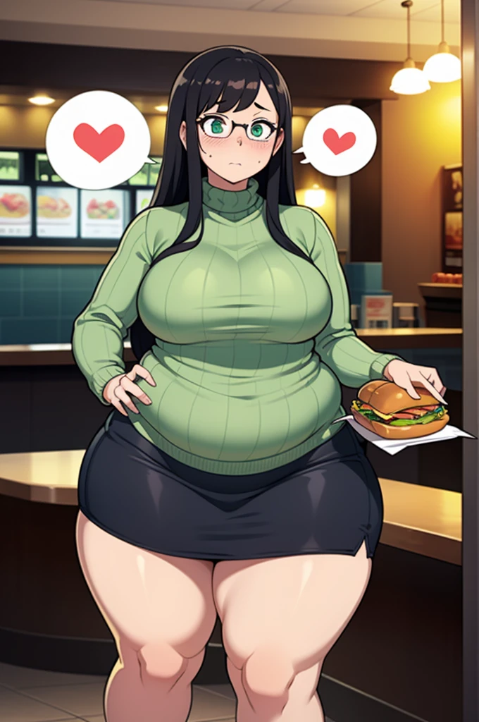 ((Masterpiece)), perfect anatomy, perfect shading, field of depth, (best quality), extremely delicate and beautiful, perfect lighting, detailed face, ultra cute face, cute, ((1girl)), ((solo))

long fluffy black hair, glasses, green eyes, ((blush)), nervous, spoken heart, looking at viewer, sweater, short skirt, large breasts, ((thick thighs)), (wide hips), ((plump)),

intricate background, detailed background, fast food restaurant,
