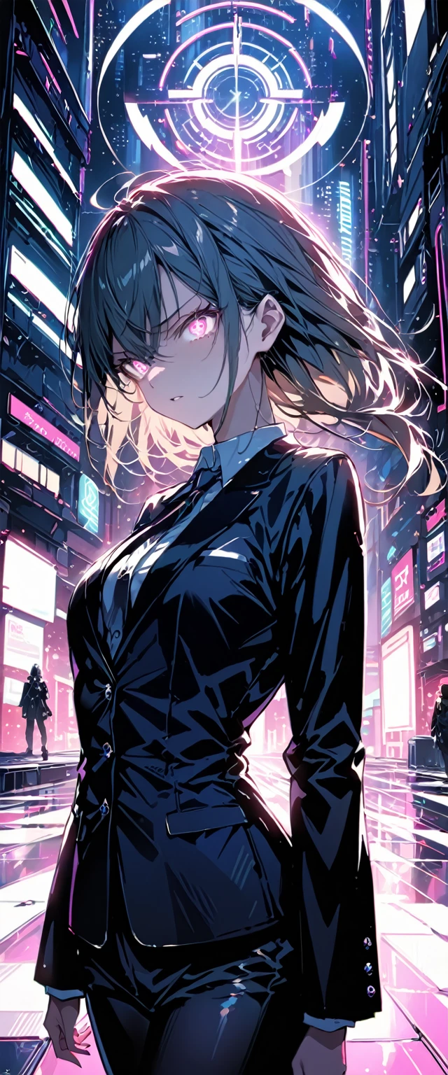 16K, High resolution, RTTX 10.0, Ray Tracing, Natural light, Absurd, Top quality masterpiece, Perfect anatomy and highly detailed face, Fine grain, One girl, alone, Wearing a business suit, shirt, Open the top button, Beautiful Hair, very beautiful, Edgy, nice, Evil Aura, the wind is strong, Glowing Eyes, dystopian city, Futuristic, Detailed Background, Awards, Neon Light, Talked about at the art station