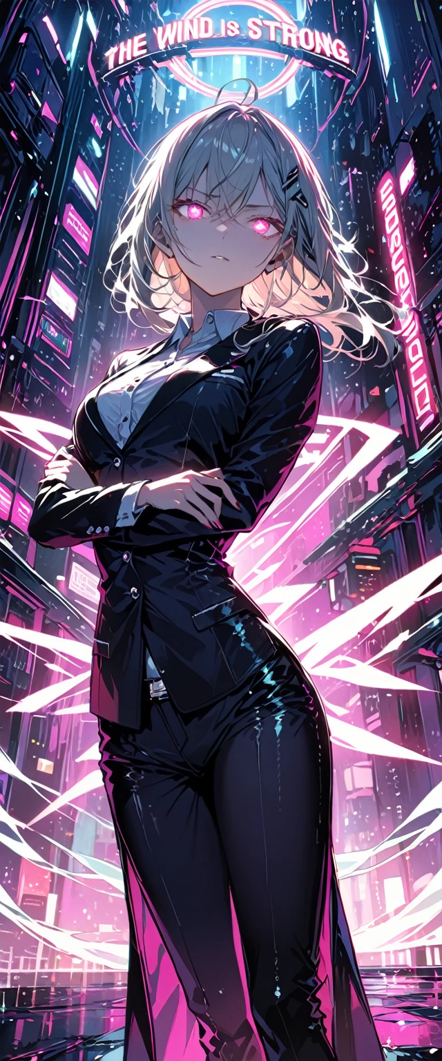 16K, High resolution, RTTX 10.0, Ray Tracing, Natural light, Absurd, Top quality masterpiece, Perfect anatomy and highly detailed face, Fine grain, One girl, alone, Wearing a business suit, shirt, Open the top button, Beautiful Hair, very beautiful, Edgy, nice, Evil Aura, the wind is strong, Glowing Eyes, dystopian city, Futuristic, Detailed Background, Awards, Neon Light, Talked about at the art station