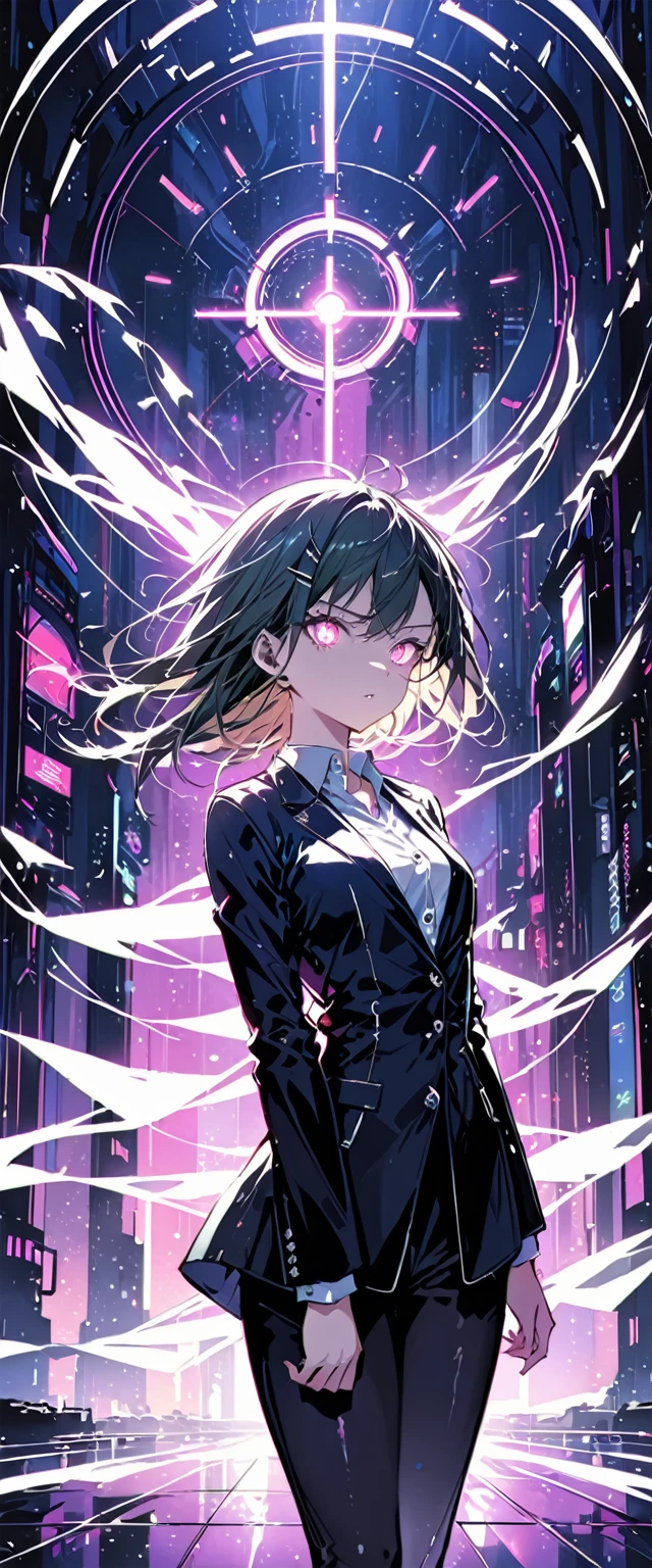 16K, High resolution, RTTX 10.0, Ray Tracing, Natural light, Absurd, Top quality masterpiece, Perfect anatomy and highly detailed face, Fine grain, One girl, alone, Wearing a business suit, shirt, Open the top button, Beautiful Hair, very beautiful, Edgy, nice, Evil Aura, the wind is strong, Glowing Eyes,  dystopian city, Futuristic, Detailed Background, Awards, Neon Light, Talked about at the art station