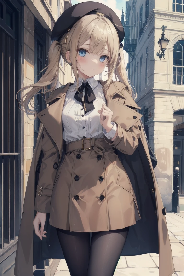 girl, White blouse, mini skirt, Black Pantyhose, Brown overcoat, beret, Are standing, Glamorous clothing, Complex clothing, Light blue twin tails, A familiar face, Brown and gold tones,