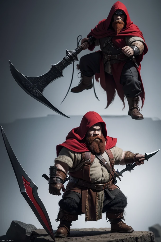 Create a dwarf with a red beard, black hood, and dark clothes. Create a crow next to it. This dwarf is using a double-bladed scimitar as a weapon