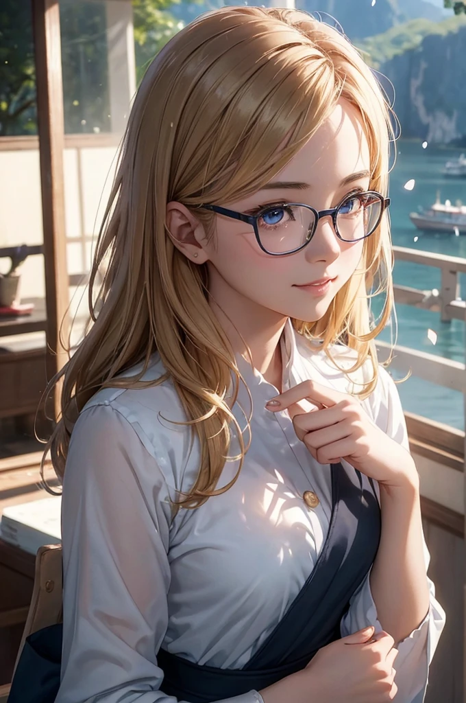 最high quality, high quality, High resolution, high quality texture, high quality shadows, High resolution, Beautiful details, Detailed CG, Detailed Texture, Realistic representation of face, Realistic, colorful, delicate, Cinematic Light, Side light, Lens flare, Ray Tracing, sharp concentrated, (1 Girl,concentrated:1.3), ( Intricate details, compensate, PureErosFaceV1:0.5), (細部まで美しいdelicateな顔, 緻密で美しいdelicateな瞳, Perfect Facial Proportions, Dense skin, Optimal ratio of four fingers to one thumb, Modest chest, Beautiful Hips, Smooth upper abdomen, blue eyes , glasses ,Ao Dai , Vietnam, Halong Bay ,buzzer, blue sky ,adventure journey ,the gaze of true love, lips of temptation, A look full of compassion ,a smile full of love, i love you, Acting lovey-dovey, waist up, 35 years old,house wife,air fortress hair, blonde hair