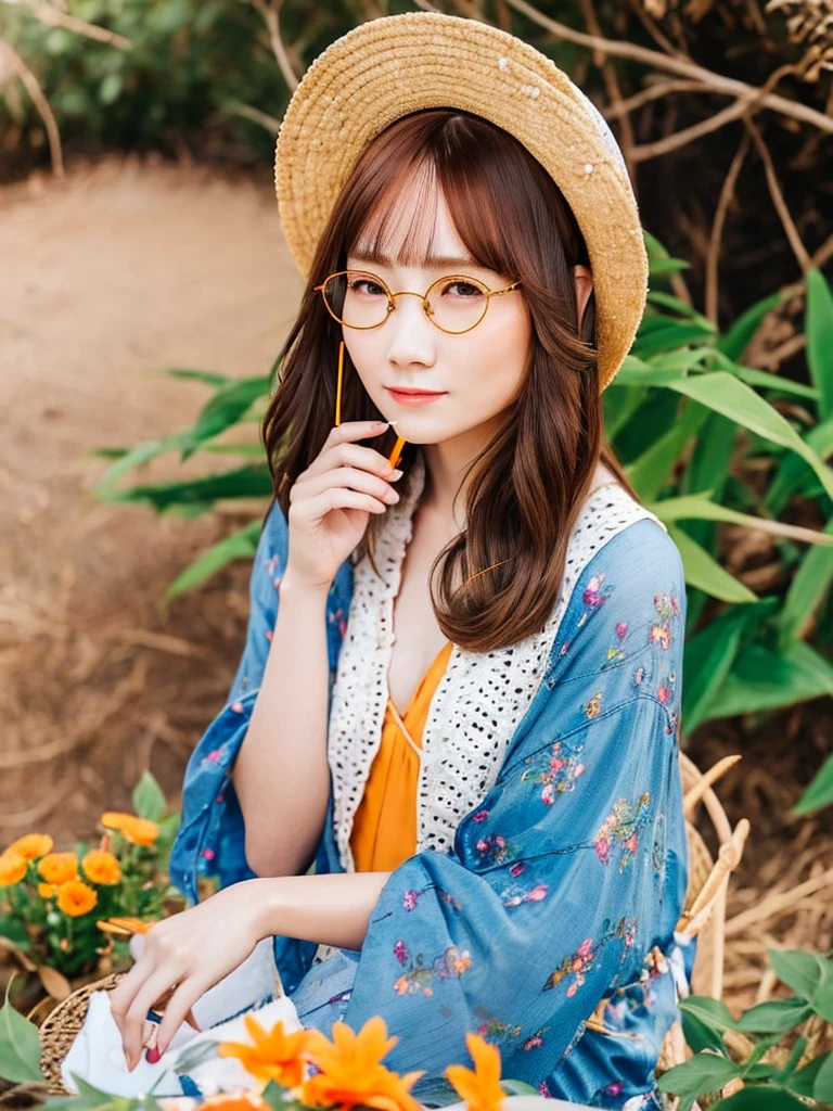 1girll, Solo, Extremely detailed eyes, starfish, seashell, shells, flower, Hat, hair adornments, jewelry, Straw hat, view the viewer, sunglasses, hatflower, drinking straw, hair pin, Earrings, Red flower, Colored glasses, yellowflower, bangs, English text, multicolored hair, orangeflower, Black hair, ring, Ccup, Long hair, orange-tinted eyewear, food, Brown hair, Portrait, shell hair ornament