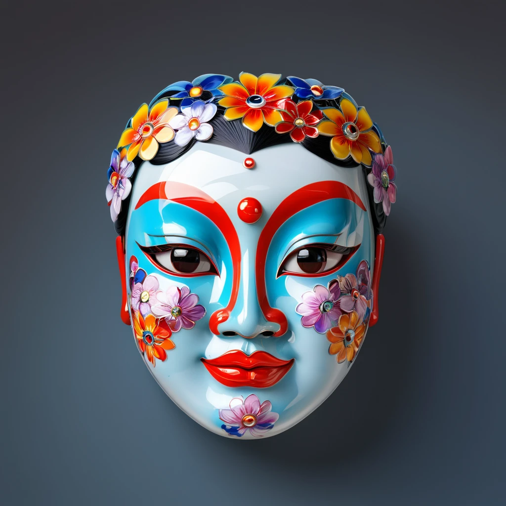 Thousand Flower Glass Style,Create a logo that features a cute and colorful Chinese Peking Opera face. Style should be whimsical、Full of fun, The media used should be vector graphics.,Low saturation,Clean background,The Minimalists,best quality,Ultra HD,16K,high resolution,Unreal Engine 5,Dreamy colors,Chinese Peking Opera face,Sarah Anderson,Ink Painting,