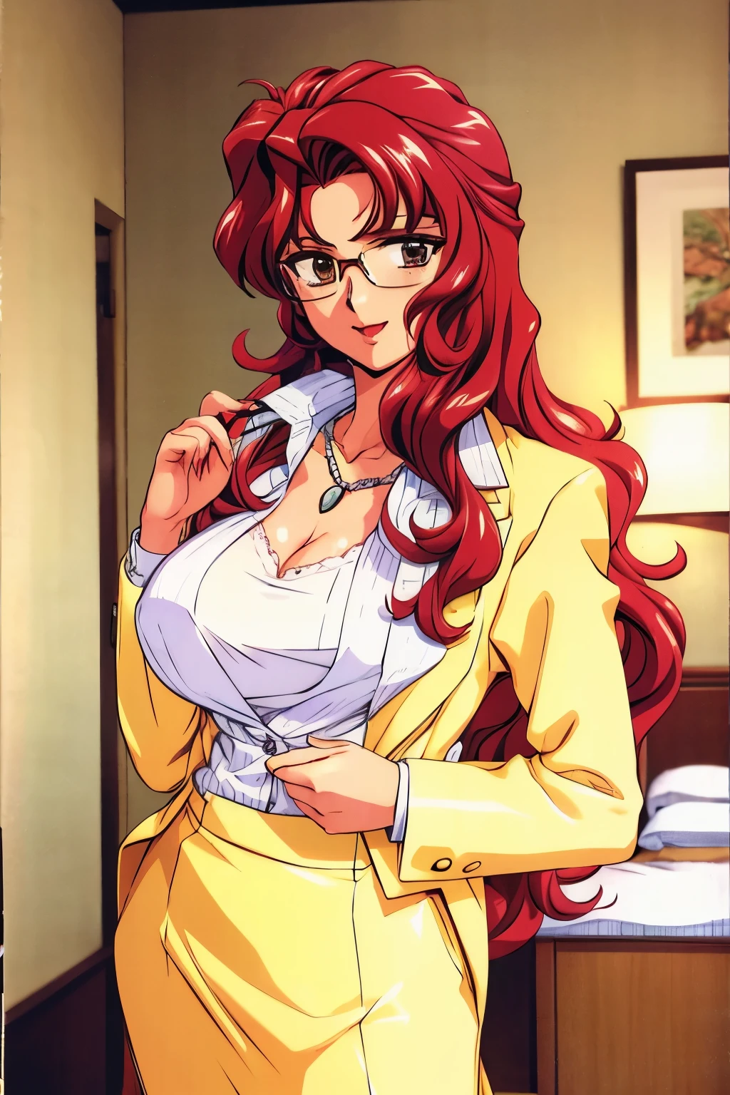 (final romance,rukawa saya,large breasts,ruby hair,long hair,wavy hair,long hair,Glasses,white shirt,yerrow suits,mature female),office,smile,lipstick