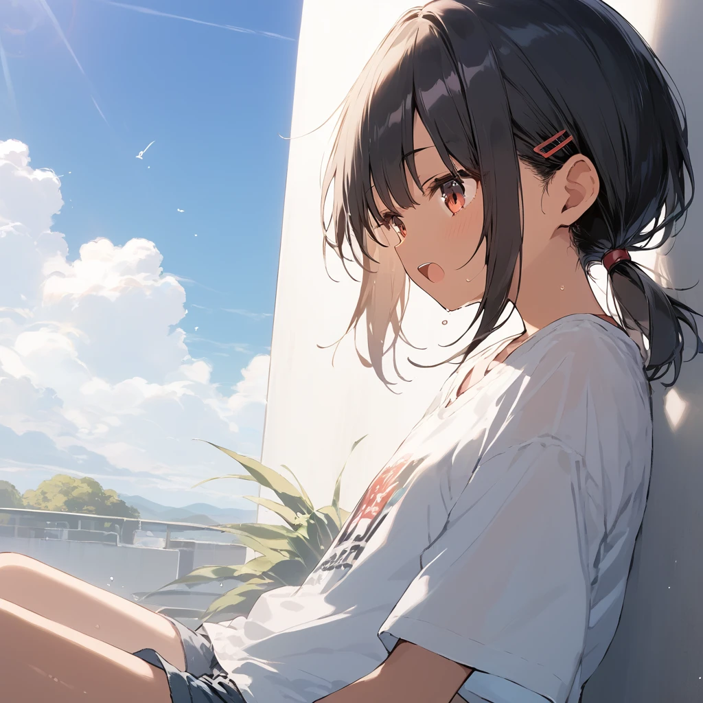 score_9, score_8_up, score_7_up, source_anime, best quality, masterpiece, official art, absurdres, highres, ultra-detailed,waifu2x,Collection: Slice of Life,break,1girl, tomboy, dark-skinned female, short hair, low ponytail, flat chest, beautiful detailed eyes, short shorts, sweat, open mouth, (yawn:0.3), sleepily, outdoors, wind, break,(clear line illustration:1.2),very high resolution, very aesthetic, super detailed skin, Best sexual lighting powered by famous artist, 8k,cute picture,beauty illustration,photoshop_(medium),,(Detailed Lighting),best anime 8k konachan wallpaper, pixiv contest winner,