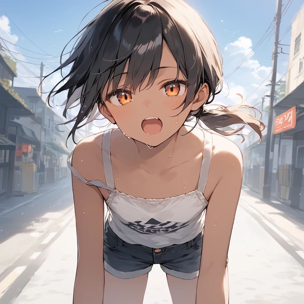 score_9, score_8_up, score_7_up, source_anime, best quality, masterpiece, official art, absurdres, highres, ultra-detailed,waifu2x,Collection: Slice of Life,break,1girl, tomboy, dark-skinned female, short hair, low ponytail, flat chest, beautiful detailed eyes, short shorts, sweat, open mouth, (yawn:0.3), sleepily, outdoors, wind, break,(clear line illustration:1.2),very high resolution, very aesthetic, super detailed skin, Best sexual lighting powered by famous artist, 8k,cute picture,beauty illustration,photoshop_(medium),,(Detailed Lighting),best anime 8k konachan wallpaper, pixiv contest winner,
