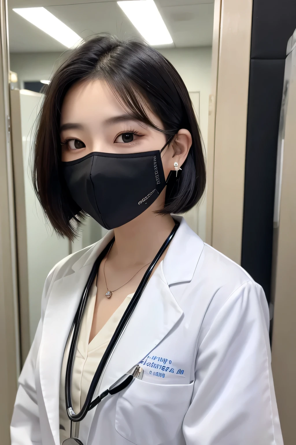 Beautiful young woman、 Korean women、Black Hair、Necklace around the neck、White、shirt、Cleavage、Stethoscope、Mask on mouth、The mask is out of place、short hair、Wavy Hair、Intricate details, Very detailed:1.2), 、 Looking into the camera,The background is the inspection room..、ear piercing