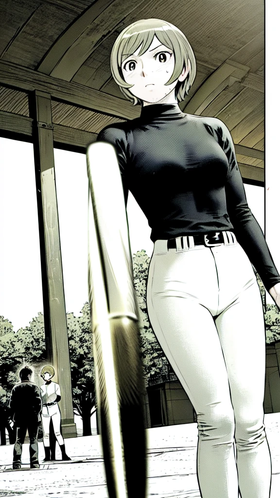 (Baseball uniform:1.2),
Blonde Hair, (short hair:1.2),Long sleeve, Black Shirt, turtleneck,White trousers、uniform、Black belt、((Illustration of people))、Big 、
View Audience,, (Highest quality:1.3),One Girl, White pants、uniform、Outdoor、baseball ground、ground、soil、blue eyes、Tight black shirt、(masterpiece、Highest quality)、Highest quality, Ultra-high resolution, (((masterpiece))), alone, Sweat、Big eyes、Big Breasts、One Girl, Front view、Embarrassed face、Bronze colored hair、((short hair))、Stand up straight