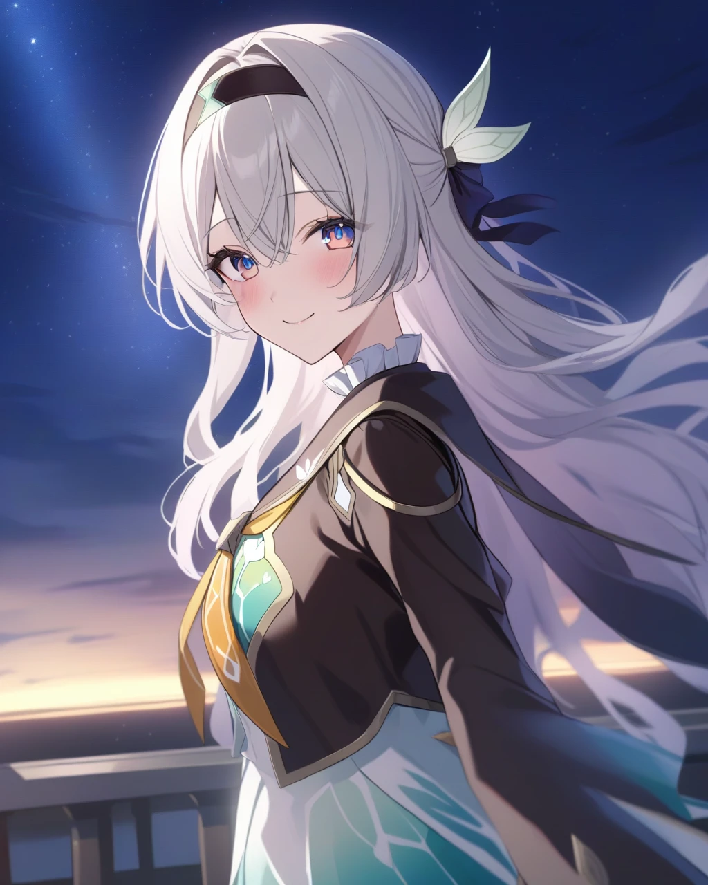 masterpiece,best quality,firefly \(Collapse: Star rail\), 1 Girl, Solitary, Sky, Star_\(Sky\), Watching_exist_Viewer, Smile, long_hair, Starry_Sky, blue_Eye, Bangs, night, hairband, night_Sky, closure_Mouth, White_hair, long_sleeve, Black_hairband, wing_hair_Decorations, hair_Decorations, skirt, hair_between_Eye