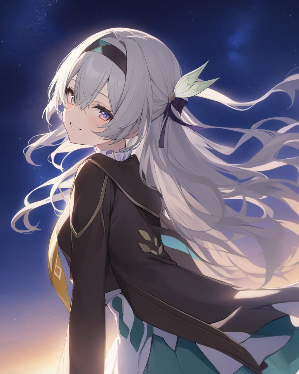 masterpiece,best quality,firefly \(Collapse: Star rail\), 1 Girl, Solitary, Sky, Star_\(Sky\), Watching_exist_Viewer, Smile, long_hair, Starry_Sky, blue_Eye, Bangs, night, hairband, night_Sky, closure_Mouth, White_hair, long_sleeve, Black_hairband, wing_hair_Decorations, hair_Decorations, skirt, hair_between_Eye