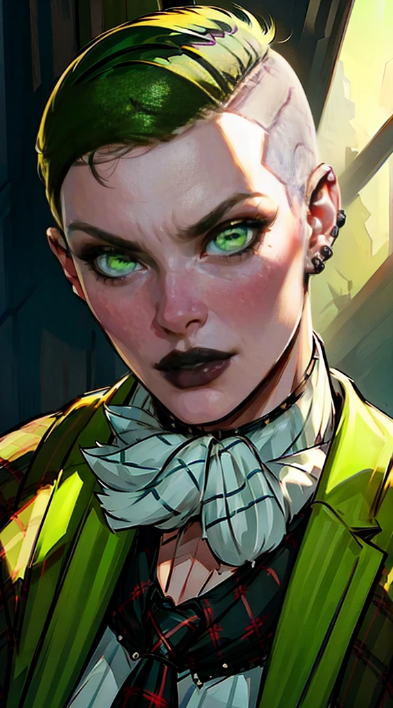 ch3rryg1g, masterpiece, Portrait of an exotic looking woman, androgyn, Nice, 18 year old, 1 girl, pale skin, freckles, ((green eye color: 1.3)), ((Short Mohawk Fade Haircut)), black hair, small breasts, sslim, curvy, bushy eyebrows, detailed face, Detailed Lips, detailled eyes, double eyelids, ((Gothic Make-up)), Gothic-Lippenstift, ((angry facial expression)), Eyes focus on the camera, Stand, stud earRings, loose necktie, necktie, Piercing, Plaid, Plaid Rock, pleated Rock,Ring, , chemise, Rock
