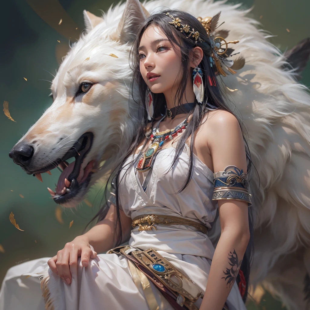 Shirakami-Sanchi、Hair flow、 ((Highest quality、masterpiece、8K、Best image quality、Ultra-high resolution、Award-winning works)、(Accurate anatomy:1.1)、(Look at me and smile:1.1)、Shining fair skin with Ultra-high resolution、The most detailed face、Ultra-high resolution detailed face、Ultra-high resolutionの髪の毛、(Ultra-high resolutionの煌めく瞳:1.1)、Beautiful face drawn in every detail、(Blurred Background:1.1)、Native American white costume, American Indian Clothing, Chest to chest, tattoo、A real giant condor next to you。Observe the white wolf