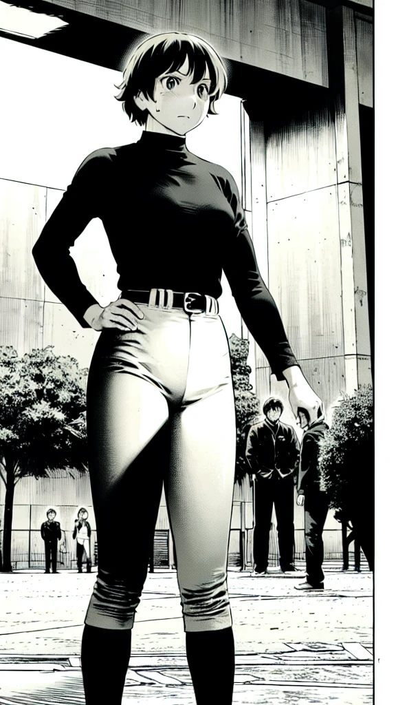 (Baseball uniform:1.2),
Blonde Hair, (short hair:1.2),Long sleeve, Black Shirt, turtleneck,White trousers、uniform、Black belt、((Illustration of people))、Big 、
View Audience,, (Highest quality:1.3),One Girl, White pants、uniform、Outdoor、baseball ground、ground、soil、blue eyes、Tight black shirt、(masterpiece、Highest quality)、Highest quality, Ultra-high resolution, (((masterpiece))), alone, Sweat、Big eyes、Big Breasts、One Girl, Front view、Embarrassed face、Bronze colored hair、((short hair))、Stand up straight