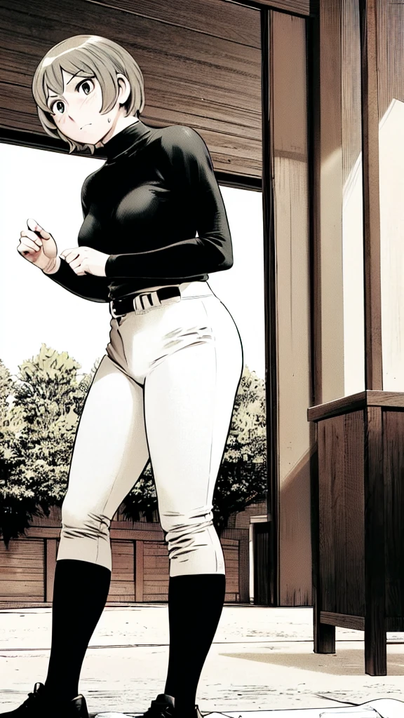 (Baseball uniform:1.2),
Blonde Hair, (short hair:1.2),Long sleeve, Black Shirt, turtleneck,White trousers、uniform、Black belt、((Illustration of people))、Big 、
View Audience,, (Highest quality:1.3),One Girl, White pants、uniform、Outdoor、baseball ground、ground、soil、blue eyes、Tight black shirt、(masterpiece、Highest quality)、Highest quality, Ultra-high resolution, (((masterpiece))), alone, Sweat、Big eyes、Big Breasts、One Girl, Front view、Embarrassed face、Bronze colored hair、((short hair))、Stand up straight