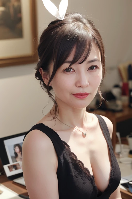 a mature 55 year old japanese woman, wife, beautiful mature woman, long eyelashes, nice body, super short hair, red lipstick, playboy bunny, rabbit ears, black rabbit, pearl necklace, red lipstick, erotic appearance, sex appeal, sensual, (best quality,4k,8k,highres,masterpiece:1.2),ultra-detailed,(realistic,photorealistic,photo-realistic:1.37),HDR,UHD,studio lighting,ultra-fine painting,sharp focus,physically-based rendering,extreme detail description,professional,vivid colors,bokeh,portrait