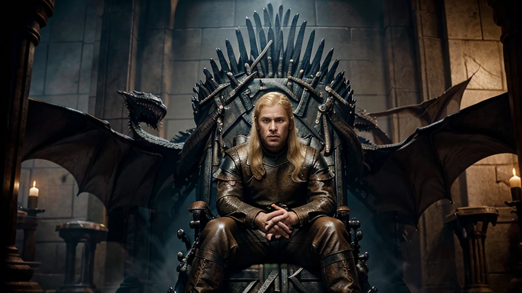 Handsome blond man sits on the iron throne, surrounded by dragons like in Game of Thrones.