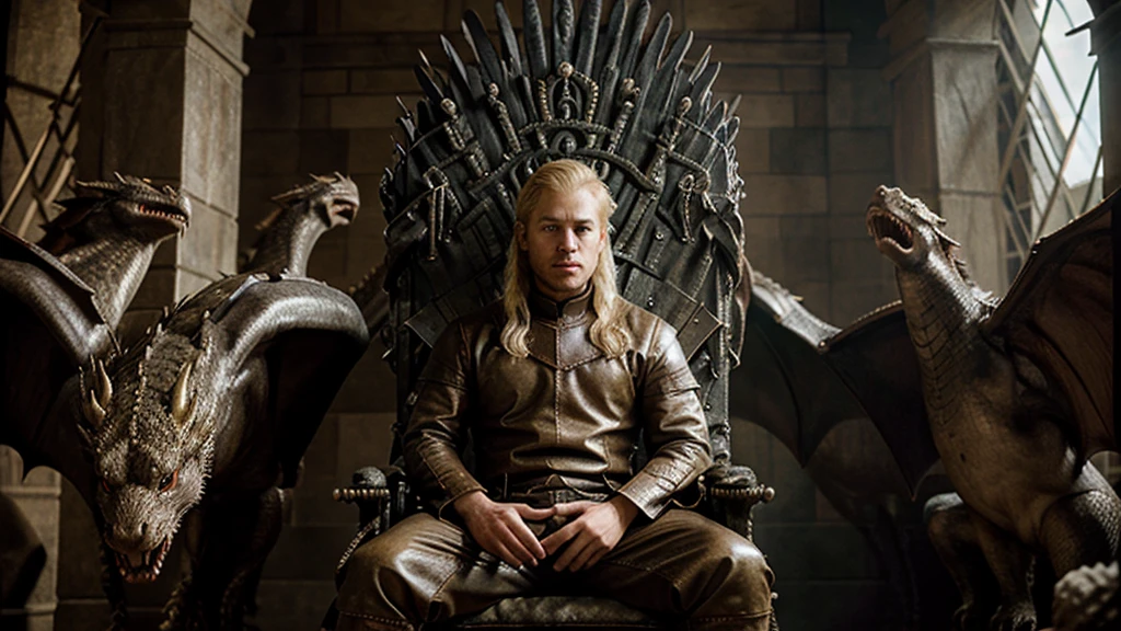 Handsome blond man sits on the iron throne, surrounded by big living dragons like in Game of Thrones. hyperrealism, movie