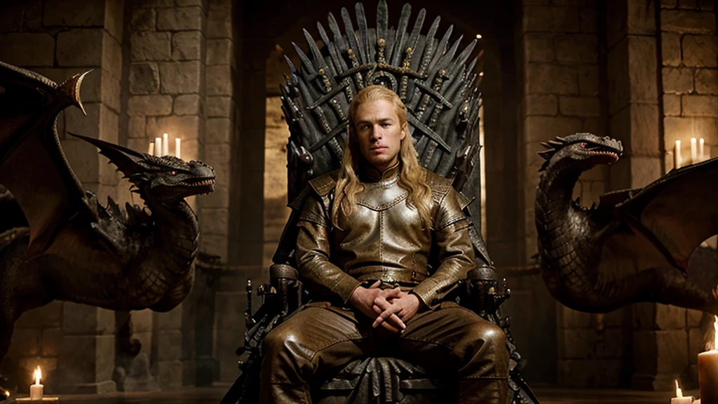 Handsome blond man sits on the iron throne, surrounded by dragons like in Game of Thrones. 