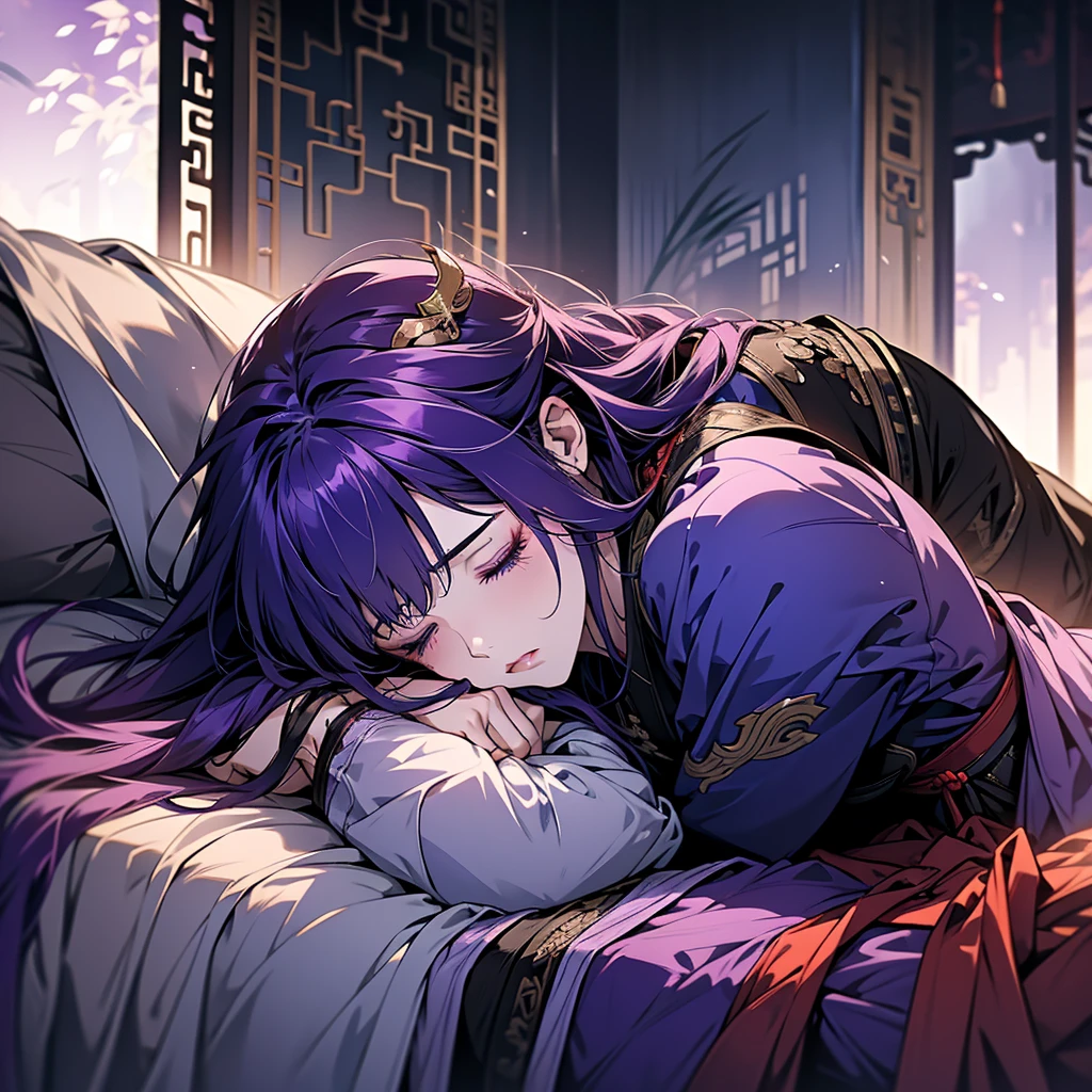 1 women, Raiden Shogun - genshin impact, long purple hair, violet eyes, violet chinese clothes, ultra long skirt, lying on the bed and sleeping in chinese room, closed eyes