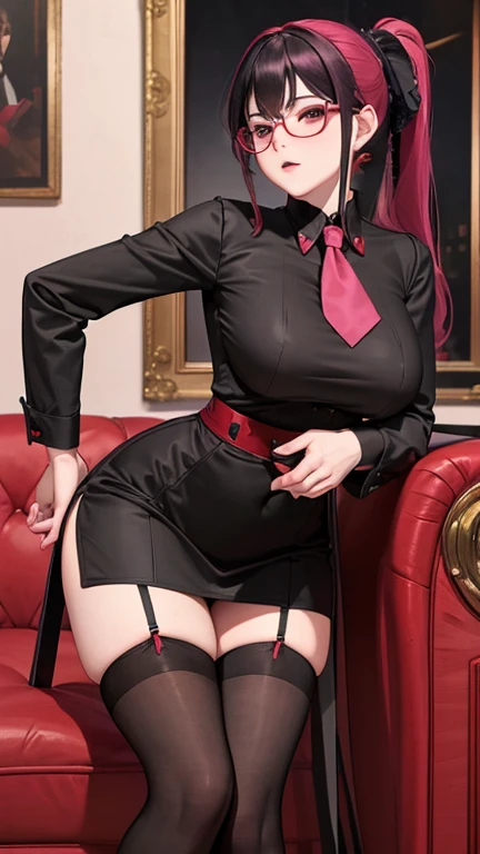 nsfw, Masterpiece, top quality, highly detailed, Beautiful mature girl wearing black frame glasses, long pink  hair ponytail with bangs,Black  uniform with red trim, red tie and thigh-high black stockings