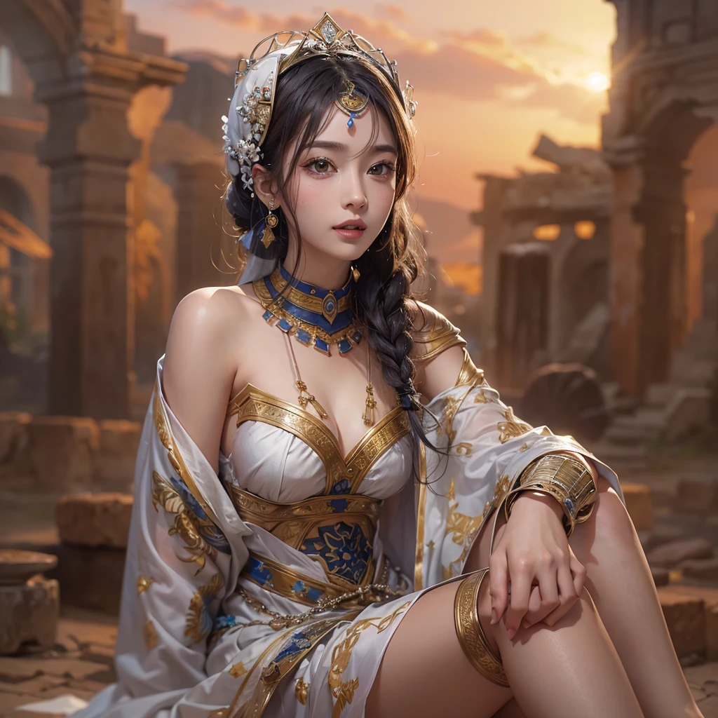 Hiding in the desert、Hair flow、 ((Highest quality、masterpiece、8K、Best image quality、Ultra-high resolution、Award-winning works)、(Accurate anatomy:1.1)、(Look at me and smile:1.1)、Shining fair skin with Ultra-high resolution、The most detailed face、Ultra-high resolution detailed face、Ultra-high resolutionの髪の毛、(Ultra-high resolutionの煌めく瞳:1.1)、Beautiful face drawn in every detail、(Blurred Background:1.1)、Ancient Islamic clothing, Chest to chest, tattoo, Old ruins in the background、Sitting black panther