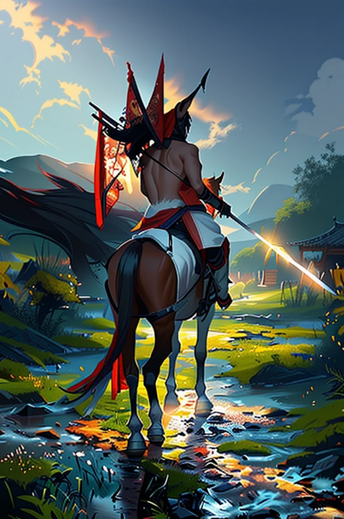 There was a man riding a horse,There is a flag above my head, Horse Warrior, Centaur horse, adam driver as a Centaur warrior, Centaur, heavy cavalry, cavalry, feathered cavalry, Epic Warrior, guan yu, Artwork in the style of Guweiz, Knight carrying a great sword, Shen Haicheng, a Centaur