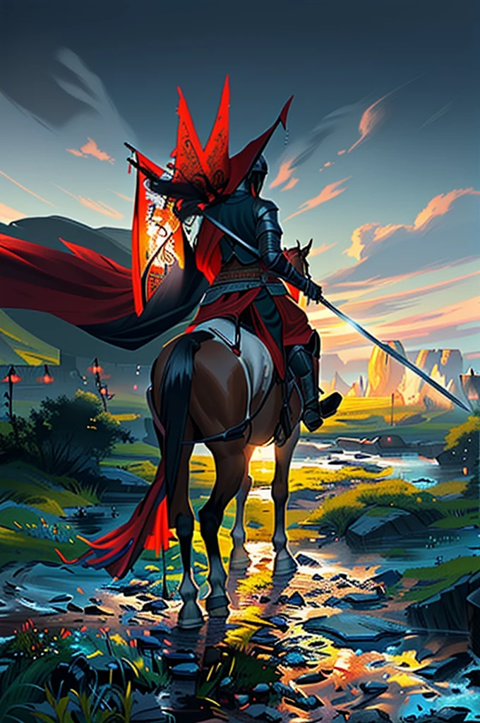 There was a man riding a horse，There is a flag above my head, Horse Warrior, Centaur horse, adam driver as a Centaur warrior, Centaur, heavy cavalry, cavalry, feathered cavalry, Epic Warrior, guan yu, Artwork in the style of Guweiz, Knight carrying a great sword, Shen Haicheng, a Centaur