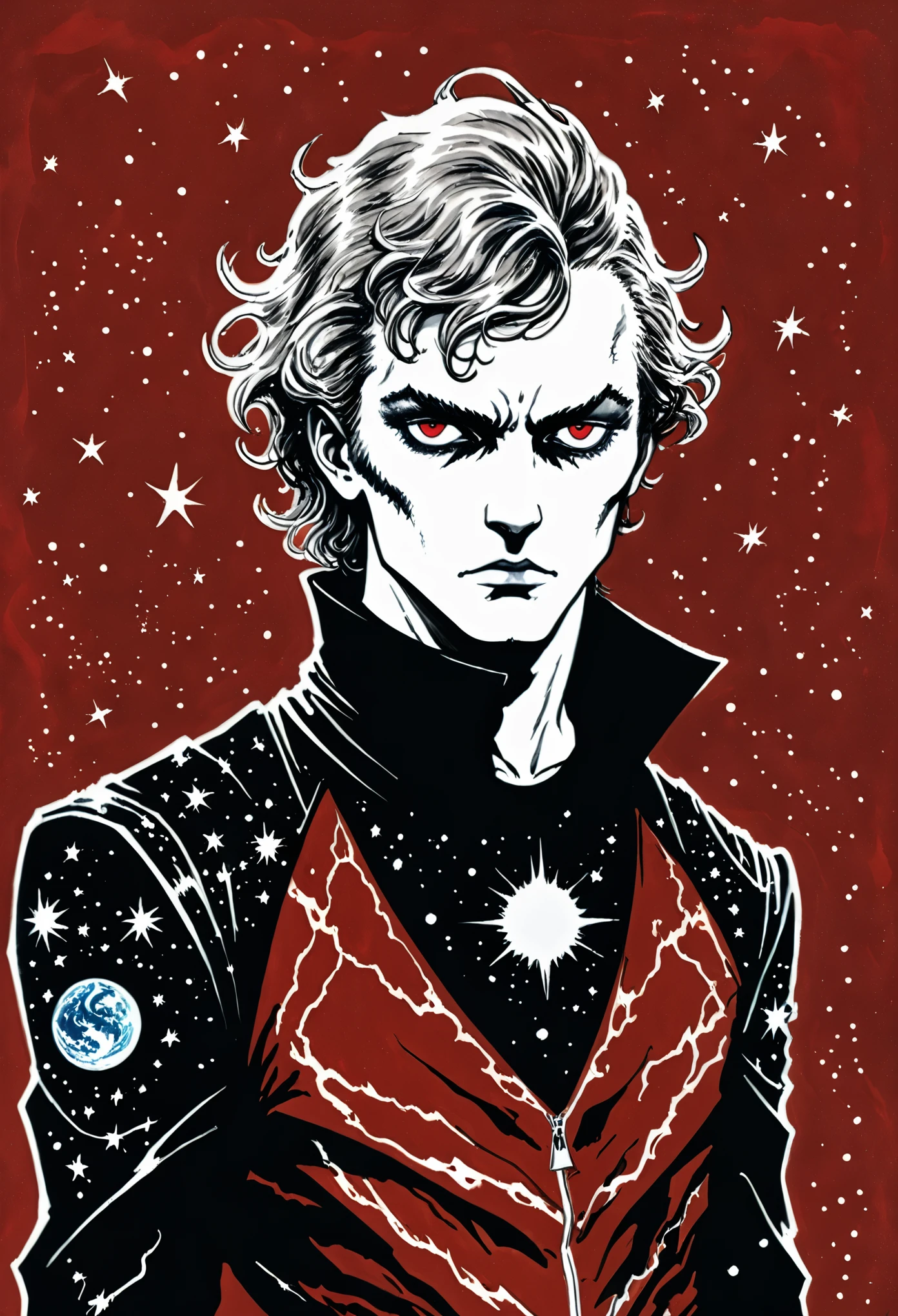 in style of Raymond Pettibon, character concept design, half body,Dark red background,Fantasy art, galaxies
