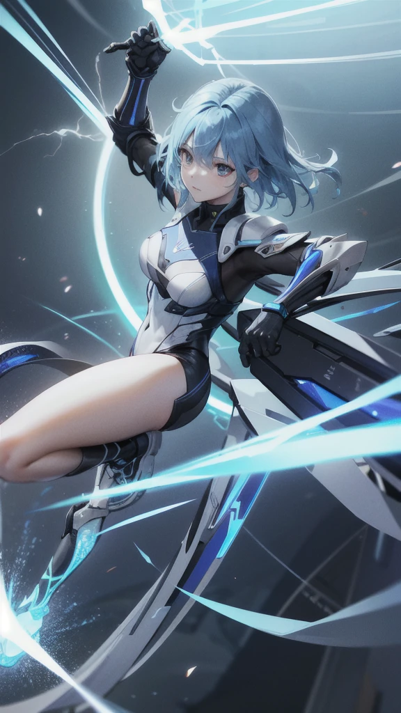 real、Lightning aura、Lightning Energy、Fighting Pose、Blue Hair、cyber punk、Thunder in the background、whole body、Lightning costume