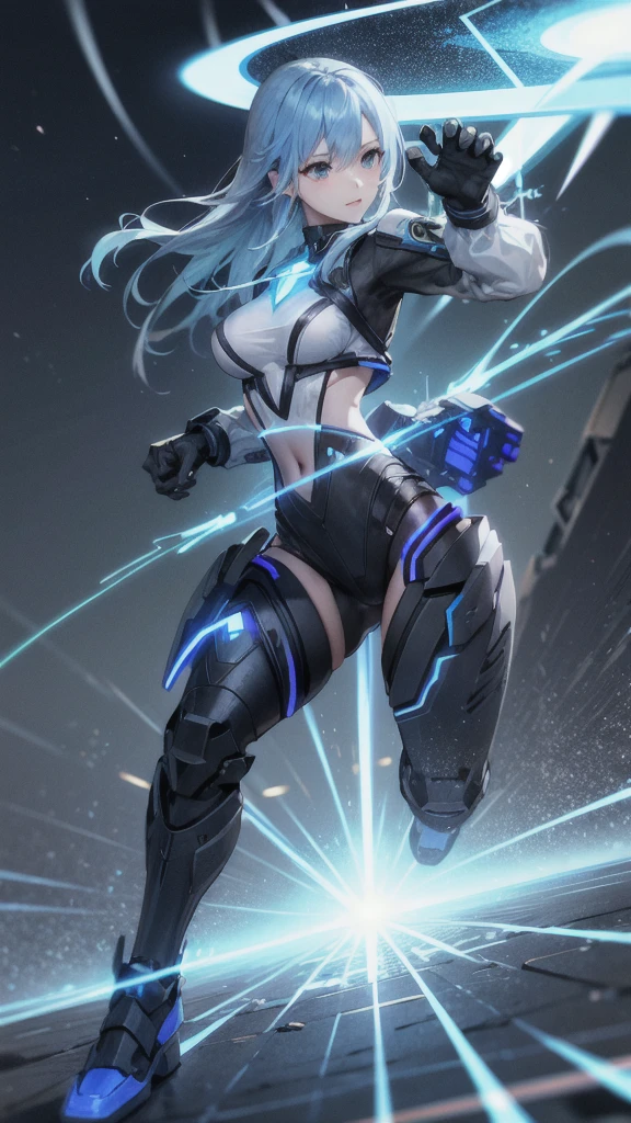 real、Lightning aura、Lightning Energy、Fighting Pose、Blue Hair、cyber punk、Thunder in the background、whole body、Lightning costume