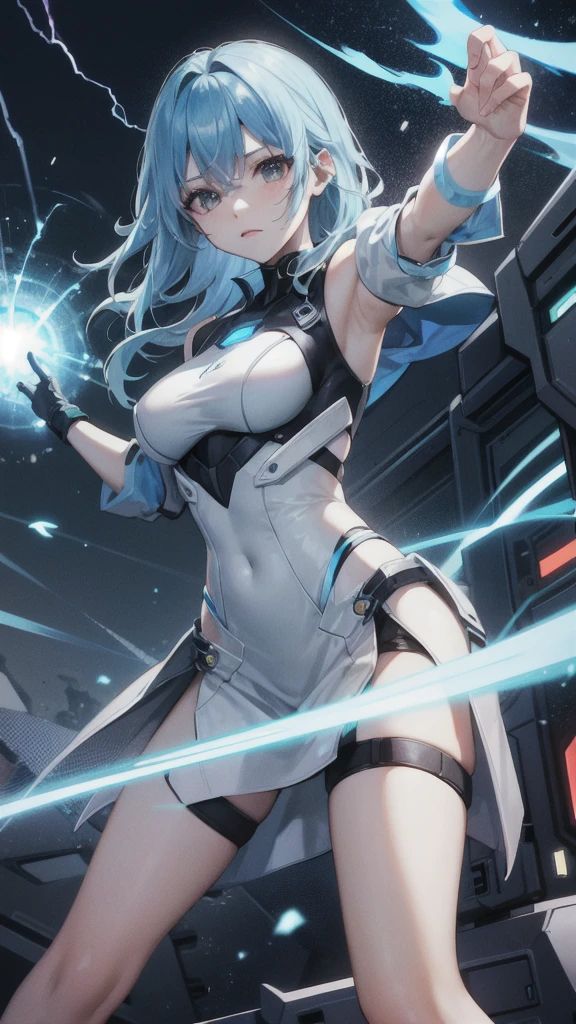 real、Lightning aura、Lightning Energy、Fighting Pose、Blue Hair、cyber punk、Thunder in the background、whole body、Lightning costume