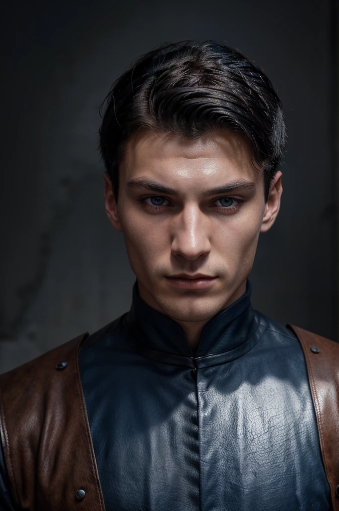 Male (20 years old, Russian male, handsome face, sharp jaw, sharp eyes, tall, good body, dark blue eyes, black hair, long eyelashes, sharp nose, ) wearing the uniform of a medieval nobleman, medieval soldier by tightening the sword, wear the royal crown for the prince) genuine leather, andrea arru
