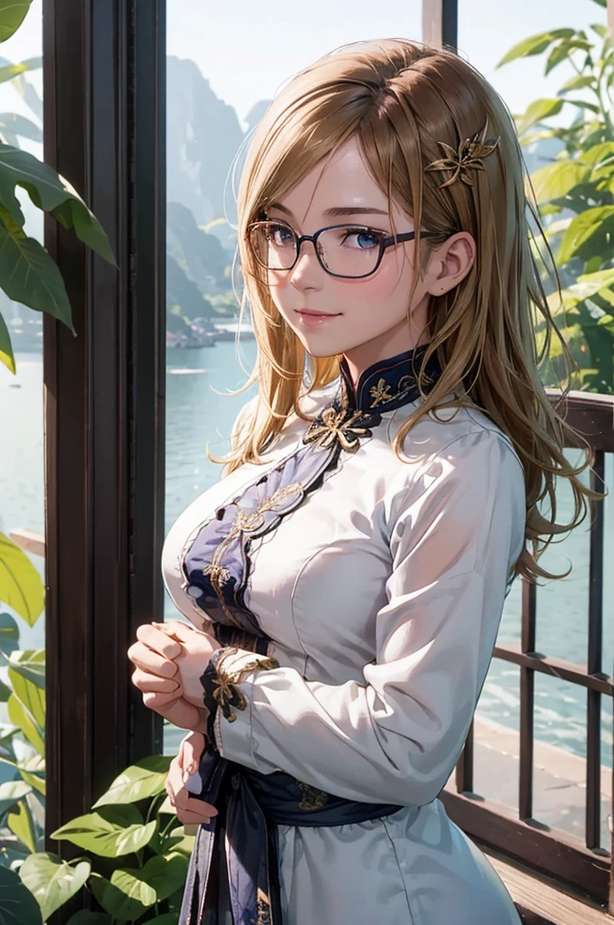 最high quality, high quality, High resolution, high quality texture, high quality shadows, High resolution, Beautiful details, Detailed CG, Detailed Texture, Realistic representation of face, Realistic, colorful, delicate, Cinematic Light, Side light, Lens flare, Ray Tracing, sharp concentrated, (1 Girl,concentrated:1.3), ( Intricate details, compensate, PureErosFaceV1:0.5), (細部まで美しいdelicateな顔, 緻密で美しいdelicateな瞳, Perfect Facial Proportions, Dense skin, Optimal ratio of four fingers to one thumb, Modest chest, Beautiful Hips, Smooth upper abdomen, blue eyes , glasses ,Ao Dai , Vietnam, Halong Bay ,buzzer, blue sky ,adventure journey ,the gaze of true love, lips of temptation, A look full of compassion ,a smile full of love, i love you, Acting lovey-dovey, waist up, 35 years old,house wife,air fortress hair, blonde hair