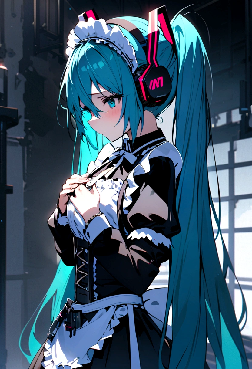 From the side(((masterpiece, hatsune miku, vocaloid, Super detailed、Digital Cage、Hands on chest、Sad、Gothic、Maid clothes、