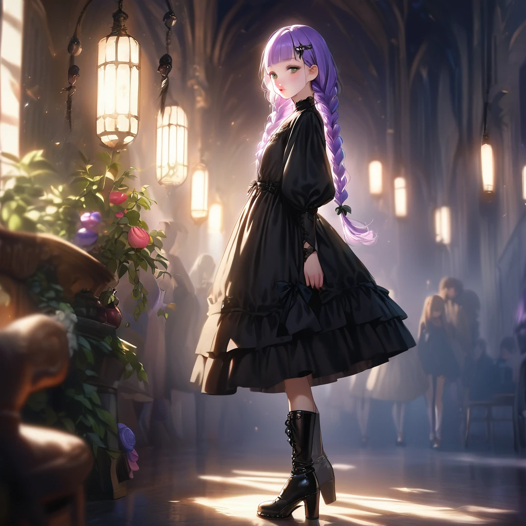 (Cute a girl:1.5), anime visual, (Black gothic lolita outfit, black boots, from side:1.3 ),boots focus, fullbody shot, (Lovey-dovey:1.5), (tilt head:1.3), extremely delicate face, soft clean focus, realistic lighting and shading, (an extremely delicate and beautiful art:1.3), elegant, (worm tone:1.1),(one girl with closs hair pin,pale purple hair,wavy two braids,blunt bangs hair,green and black eyes.pink lips:1.4), small breast,slim,Slender,night lit, full body shot, a gentle smile, look at viewer,