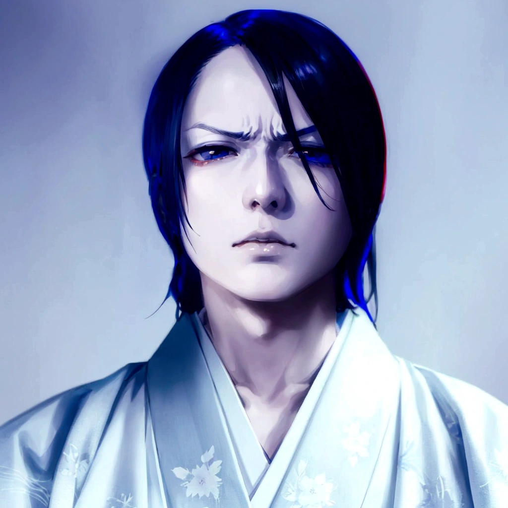 Japanese Beautiful androgynous man,black hair,Put out the forehead,White and pale Blue kimono、pale skin, slanted eyes，bigger eyes,sanpaku, half-closed eyes,slanted eyebrows,hooked nose,little angry,thin eyebrows,Atsushi Sakurai