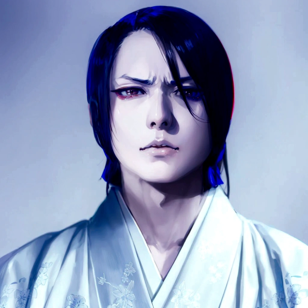Japanese Beautiful androgynous man,black hair,Put out the forehead,White and pale Blue kimono、pale skin, slanted eyes,bigger eyes,sanpaku, half-closed eyes,slanted eyebrows,hooked nose,little angry,thin eyebrows,Atsushi Sakurai