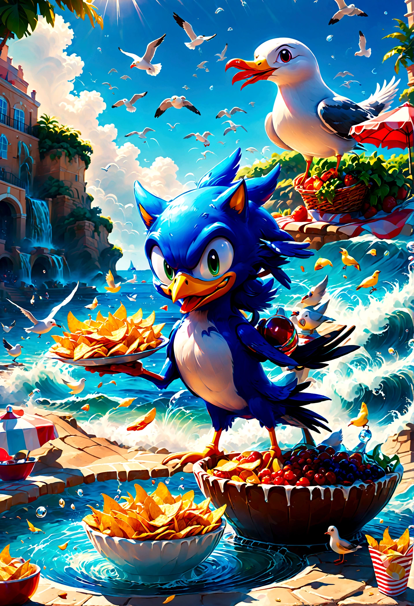 estilo アニメ, Sonic has a picnic with chips by the sea, (an unexpected seagull invasion:1.2), captura de tela do アニメ, fountain_アニメ, dramatic composition, cinematic dynamic action scene, swirly vibrant colors, cinematic lighting, dramatic lighting, best qualityer, work of art, very aesthetic, perfect composition, details Intricate, ultra detali