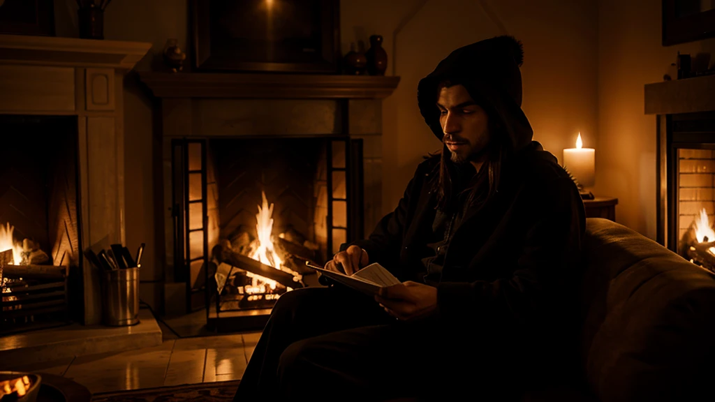 male magician in fur clothes in a hood, Sitting by the fire, faces not visible, ultra realism. man sitting facing the fireplace