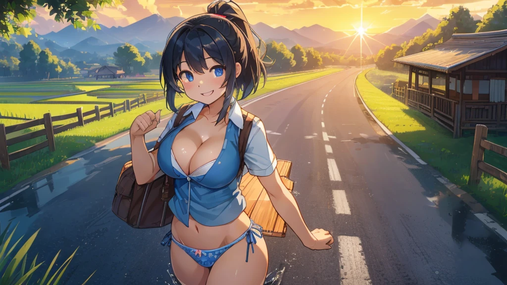 8K、RAW Photos、Highest quality、Super detailed、Super Resolution、Ultra HD、8K壁紙、Amazing details summer、evening、sunset、A rural road lined with rice fields、Paved roads、Woman walking on a country road、16 year old school girl in uniform、Drink water、School bag、Blue sky、Shining Sun、Water bottle、smile
((((Emphasize cleavage))))
((((I can see her panties))))
