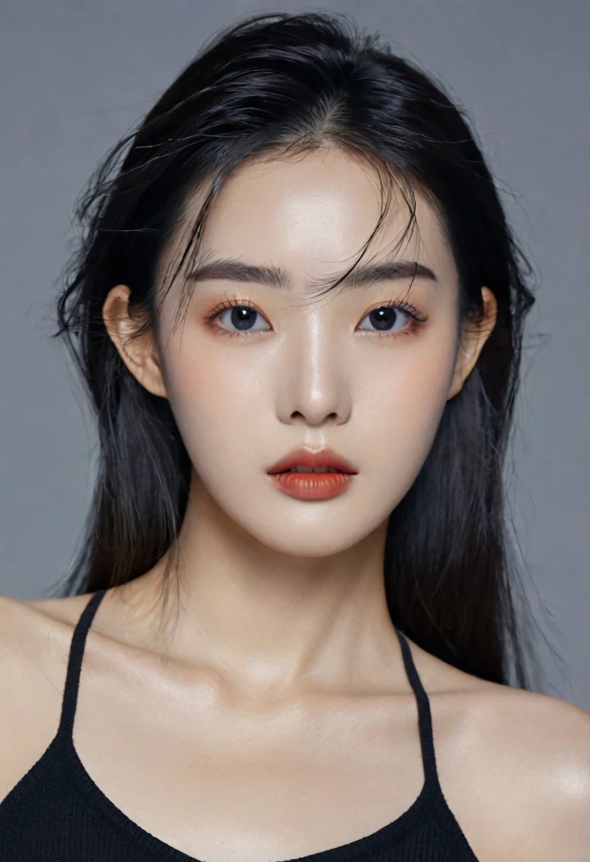 image of angular square shaped face, strong jawline, bold eyebrows, 20 year old Korean woman