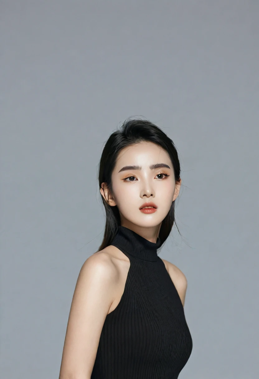  image of angular square shaped face, strong jawline, bold eyebrows, 20 year old Korean woman