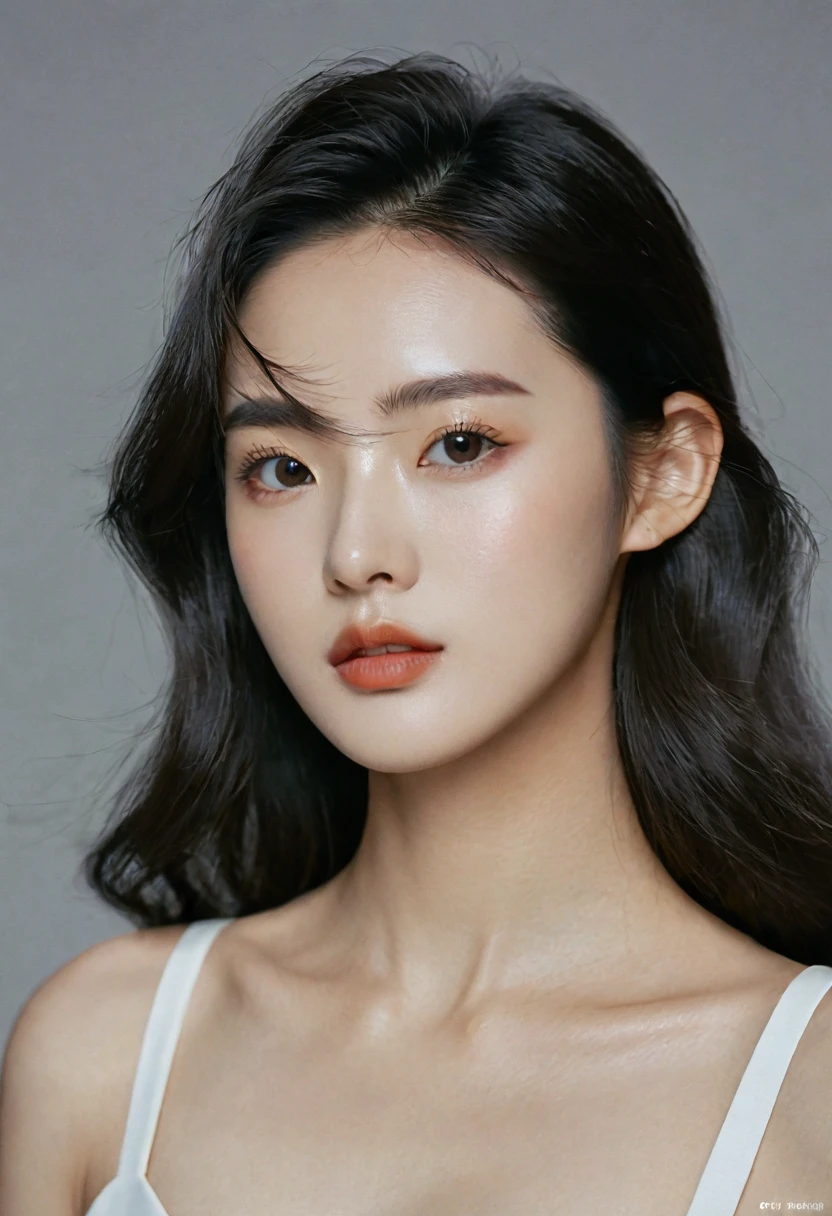  image of angular square shaped face, strong jawline, bold eyebrows, 20 year old Korean woman